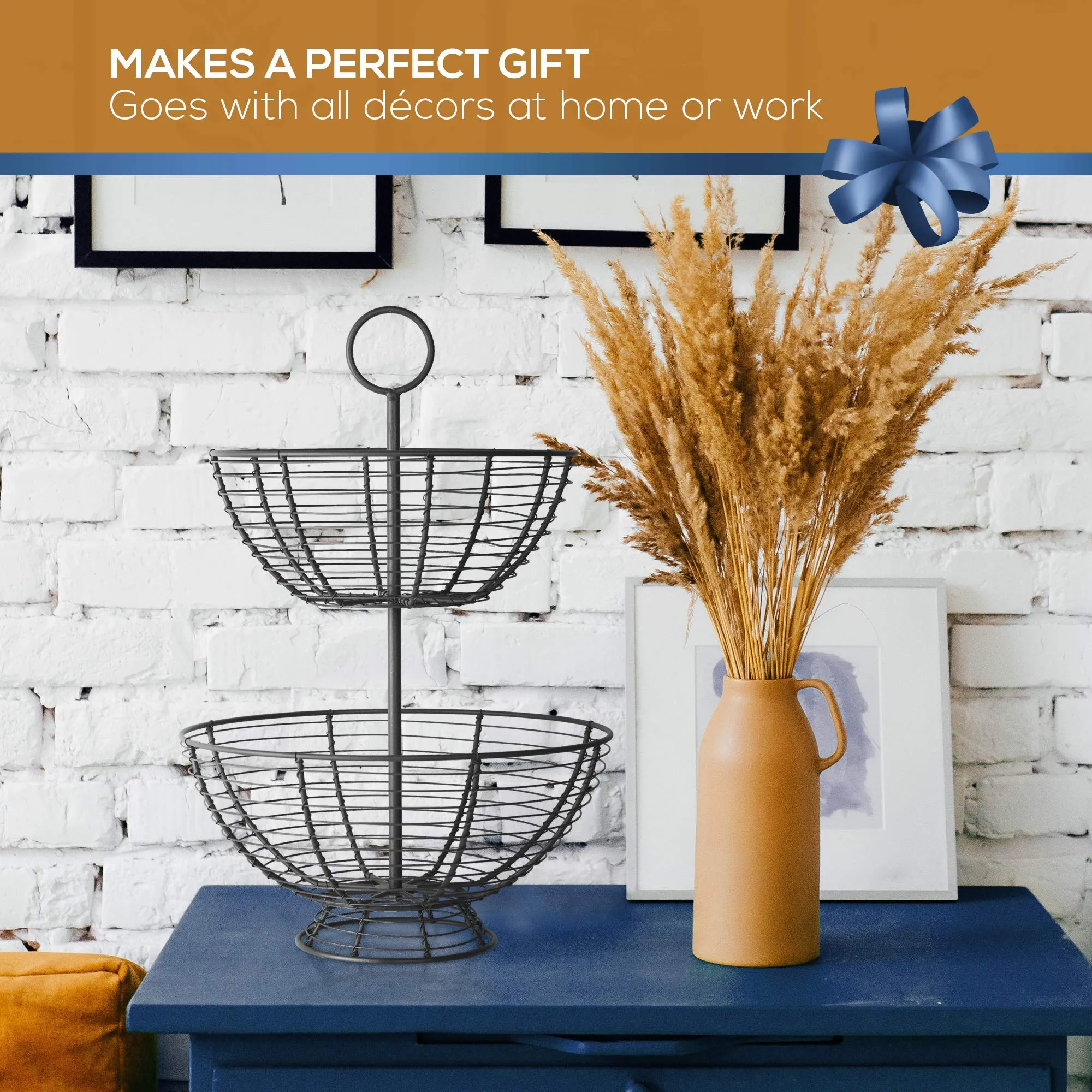 2 Tier Fruit Bowl - Farmhouse Wire Basket By & Co. | Two Tier Fruit Basket For Kitchen