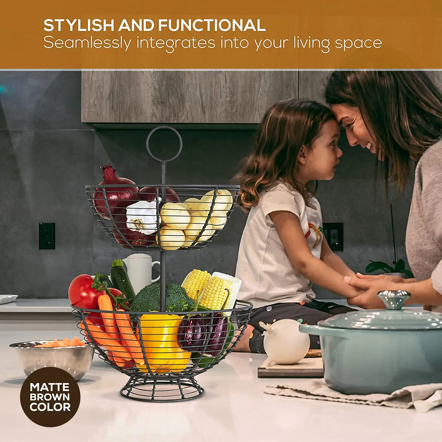 2 Tier Fruit Bowl - Farmhouse Wire Basket By & Co. | Two Tier Fruit Basket For Kitchen