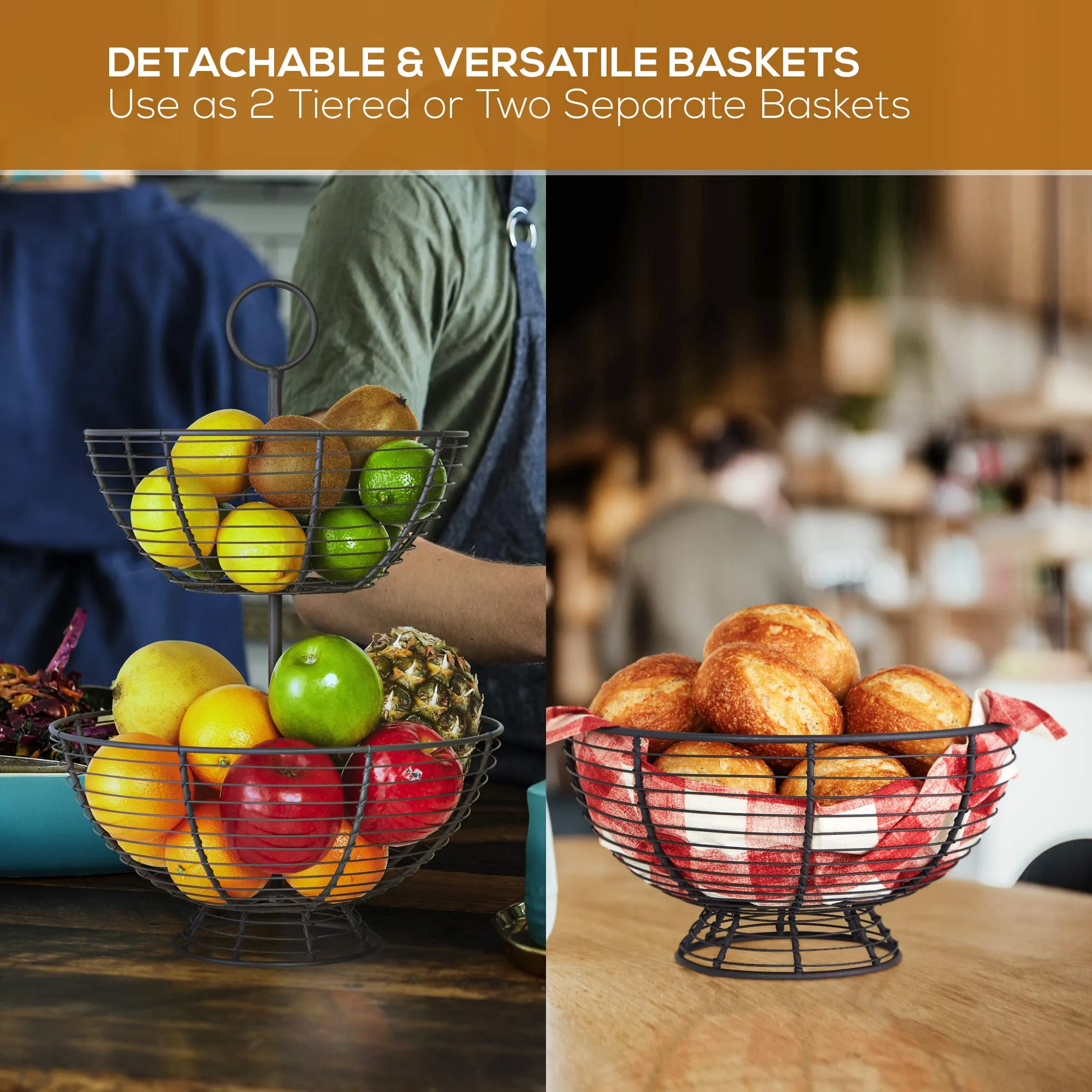 2 Tier Fruit Bowl - Farmhouse Wire Basket By & Co. | Two Tier Fruit Basket For Kitchen