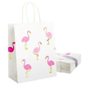 24-Pack Flamingo Birthday Party Favor Gift Bags with Convenient Handles, Medium Size, 8x10x4 inches for Tropical-Themed Decorations (White, Pink Gold Foil Design)