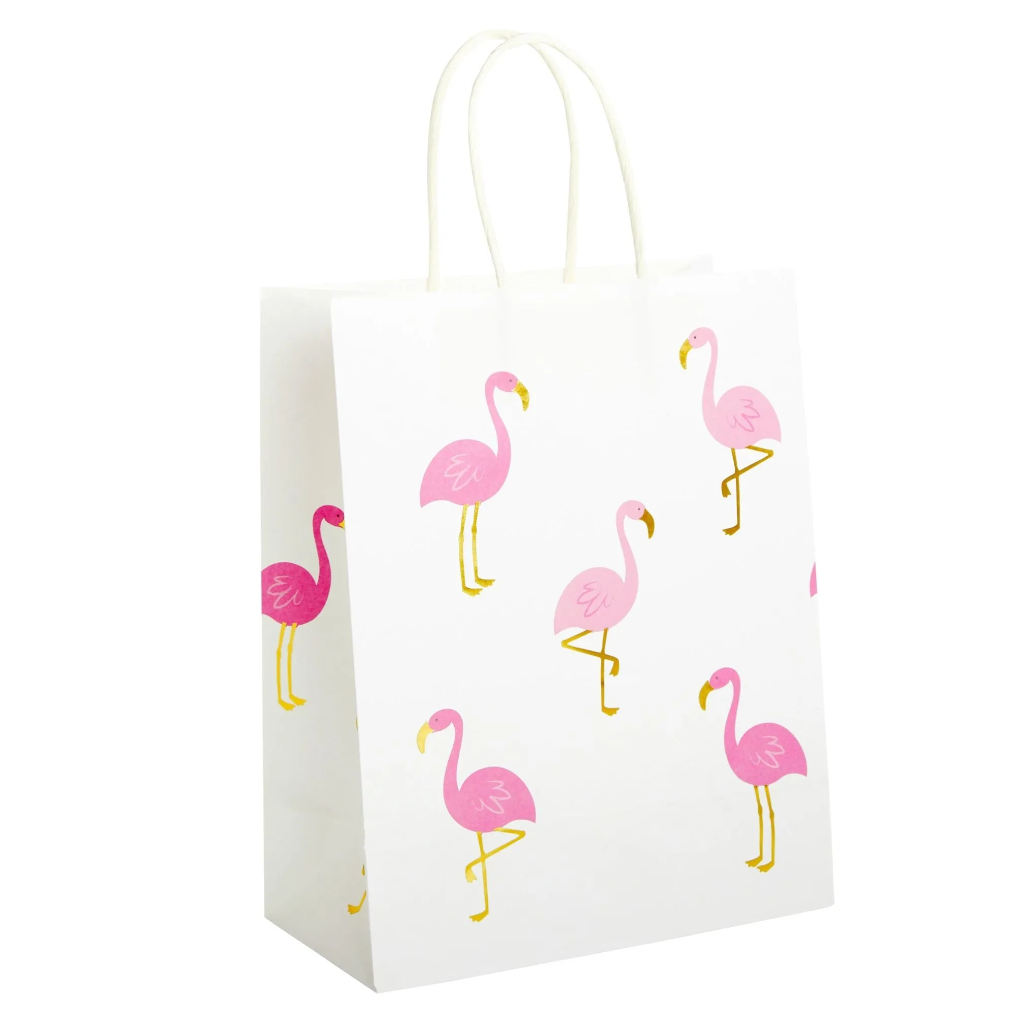 24-Pack Flamingo Birthday Party Favor Gift Bags with Convenient Handles, Medium Size, 8x10x4 inches for Tropical-Themed Decorations (White, Pink Gold Foil Design)