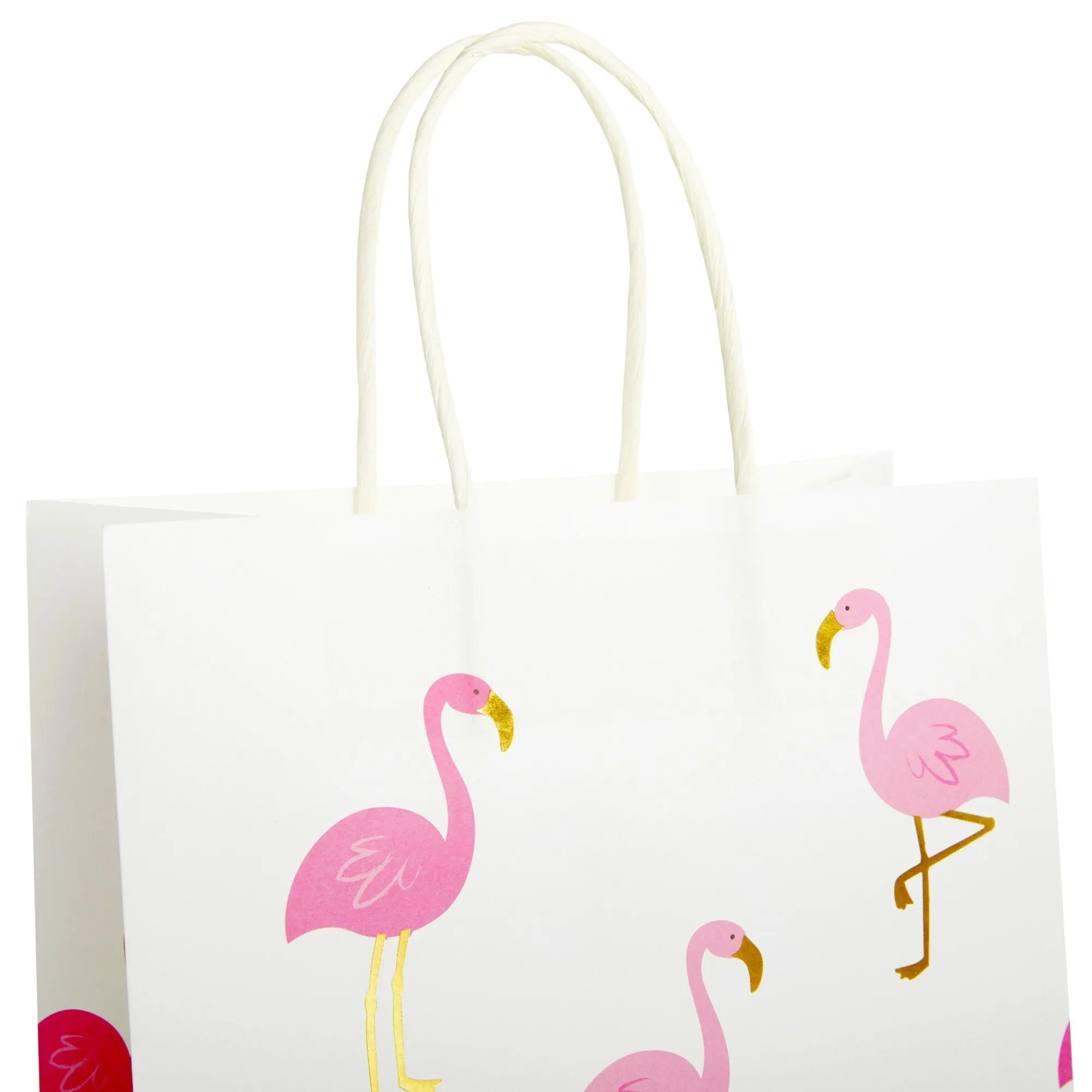 24-Pack Flamingo Birthday Party Favor Gift Bags with Convenient Handles, Medium Size, 8x10x4 inches for Tropical-Themed Decorations (White, Pink Gold Foil Design)