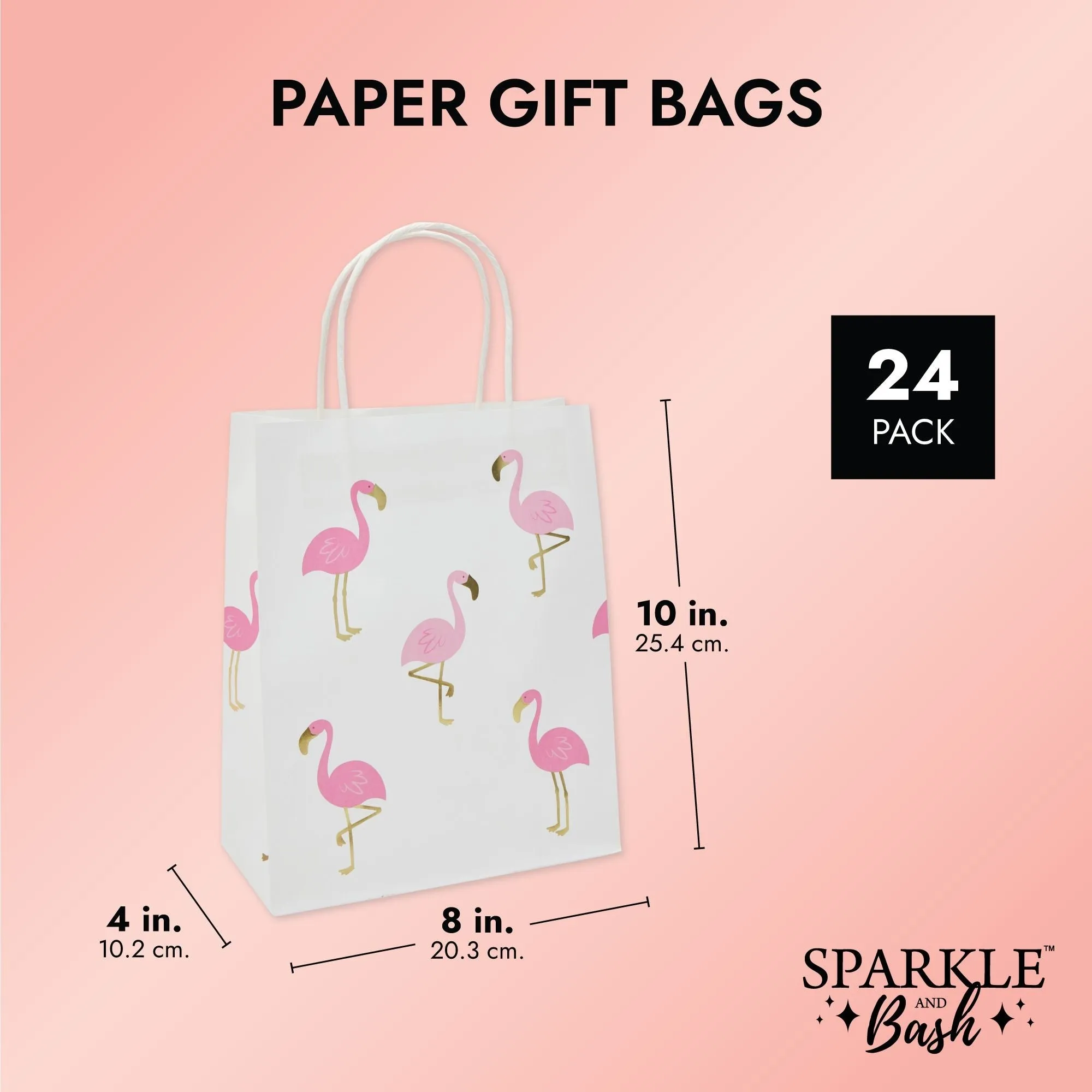 24-Pack Flamingo Birthday Party Favor Gift Bags with Convenient Handles, Medium Size, 8x10x4 inches for Tropical-Themed Decorations (White, Pink Gold Foil Design)