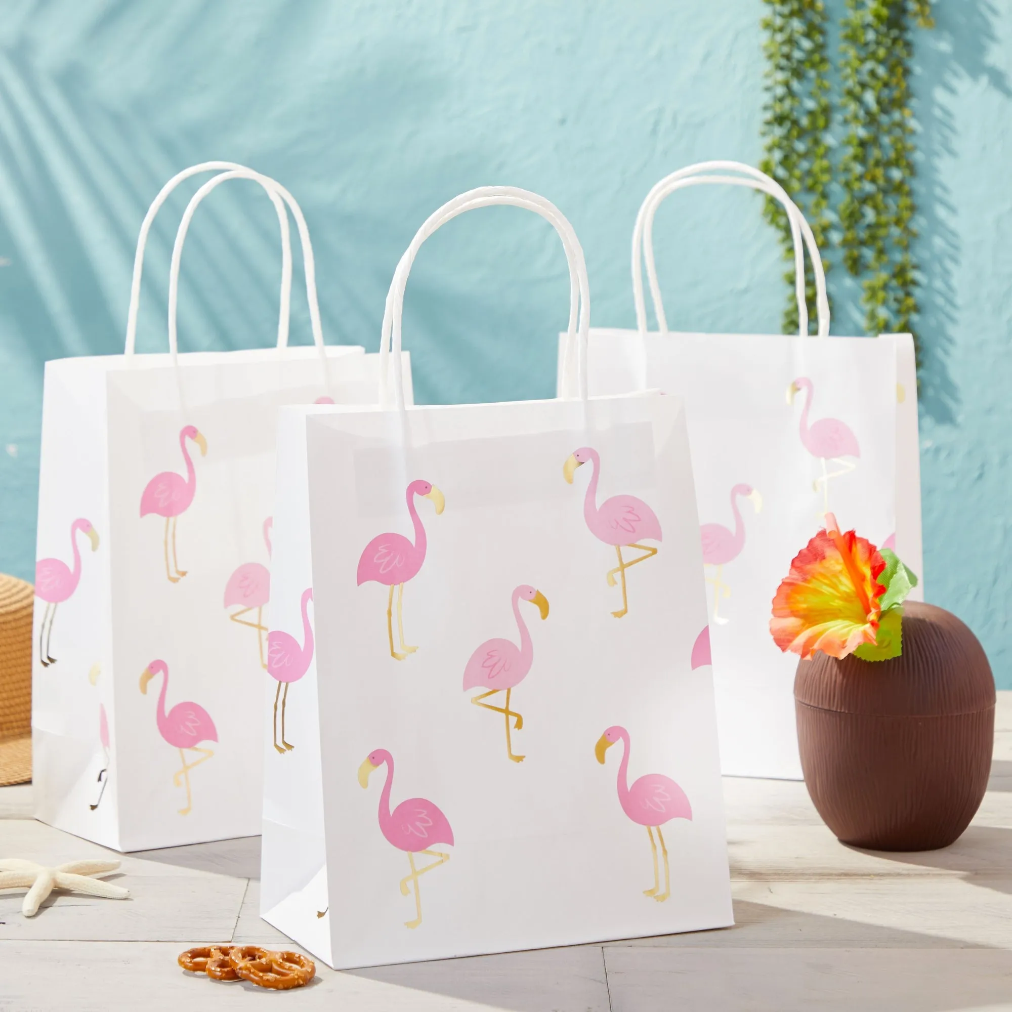24-Pack Flamingo Birthday Party Favor Gift Bags with Convenient Handles, Medium Size, 8x10x4 inches for Tropical-Themed Decorations (White, Pink Gold Foil Design)