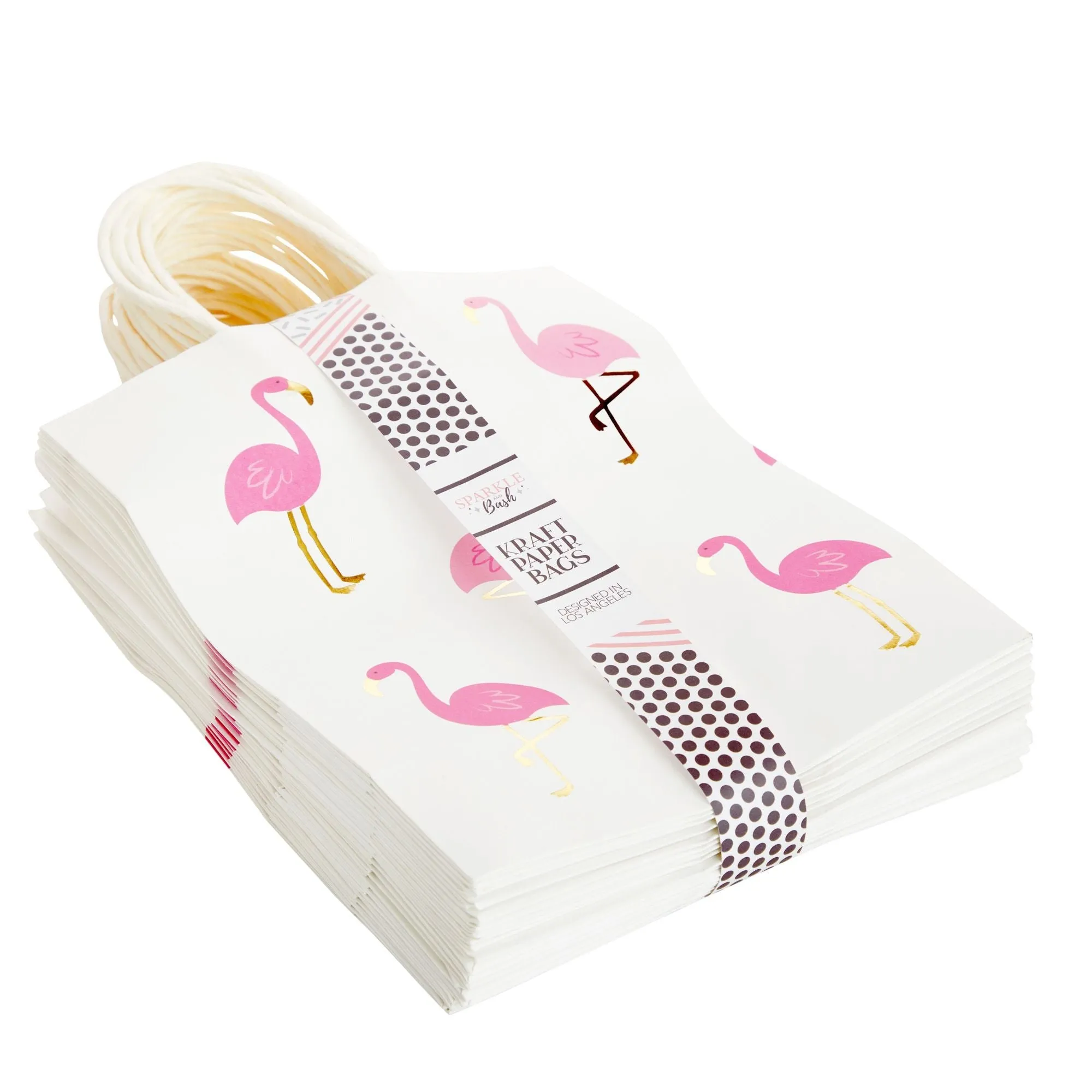 24-Pack Flamingo Birthday Party Favor Gift Bags with Convenient Handles, Medium Size, 8x10x4 inches for Tropical-Themed Decorations (White, Pink Gold Foil Design)