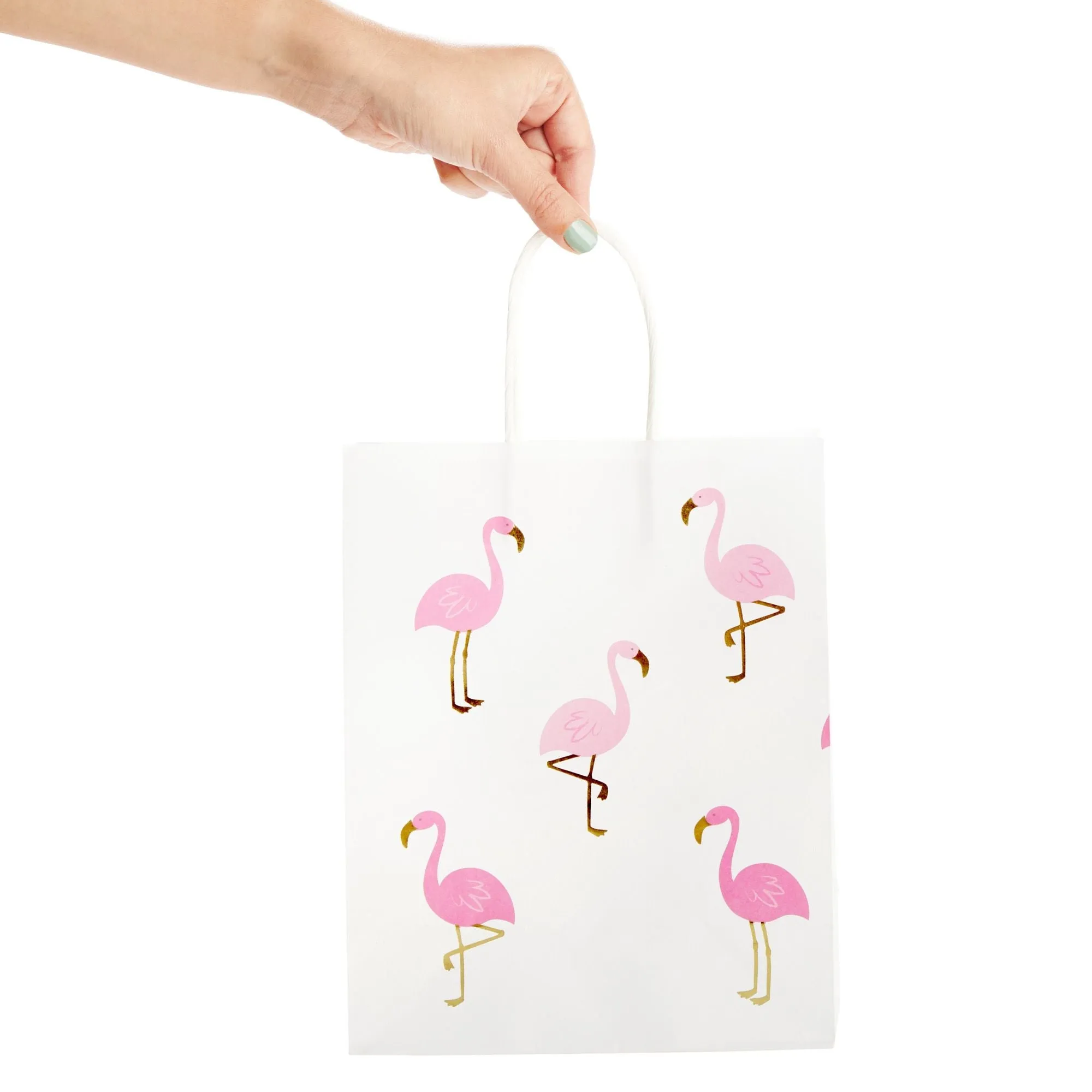 24-Pack Flamingo Birthday Party Favor Gift Bags with Convenient Handles, Medium Size, 8x10x4 inches for Tropical-Themed Decorations (White, Pink Gold Foil Design)