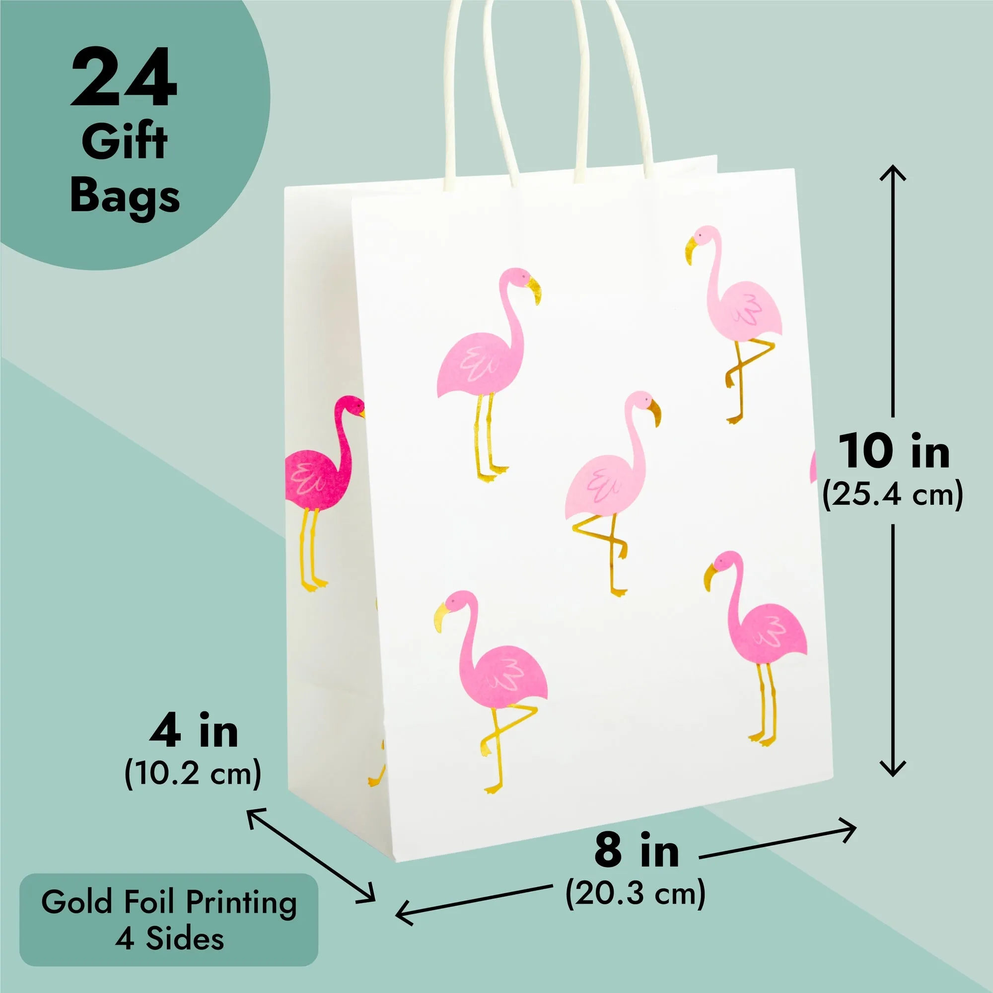 24-Pack Flamingo Birthday Party Favor Gift Bags with Convenient Handles, Medium Size, 8x10x4 inches for Tropical-Themed Decorations (White, Pink Gold Foil Design)