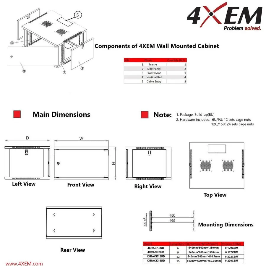 4XEM 12U 24" Deep Wall Mount Server Rack