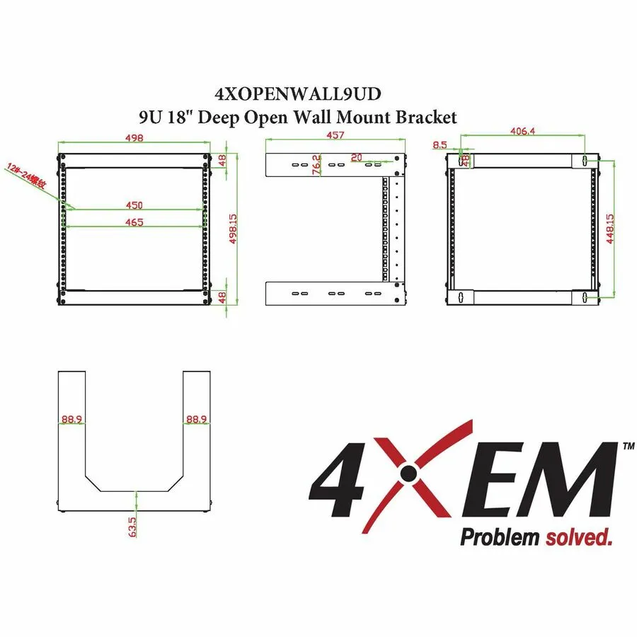 4XEM 9U 18" Deep Wall Mount for Switches and Rackmount Networking Equipment- Black