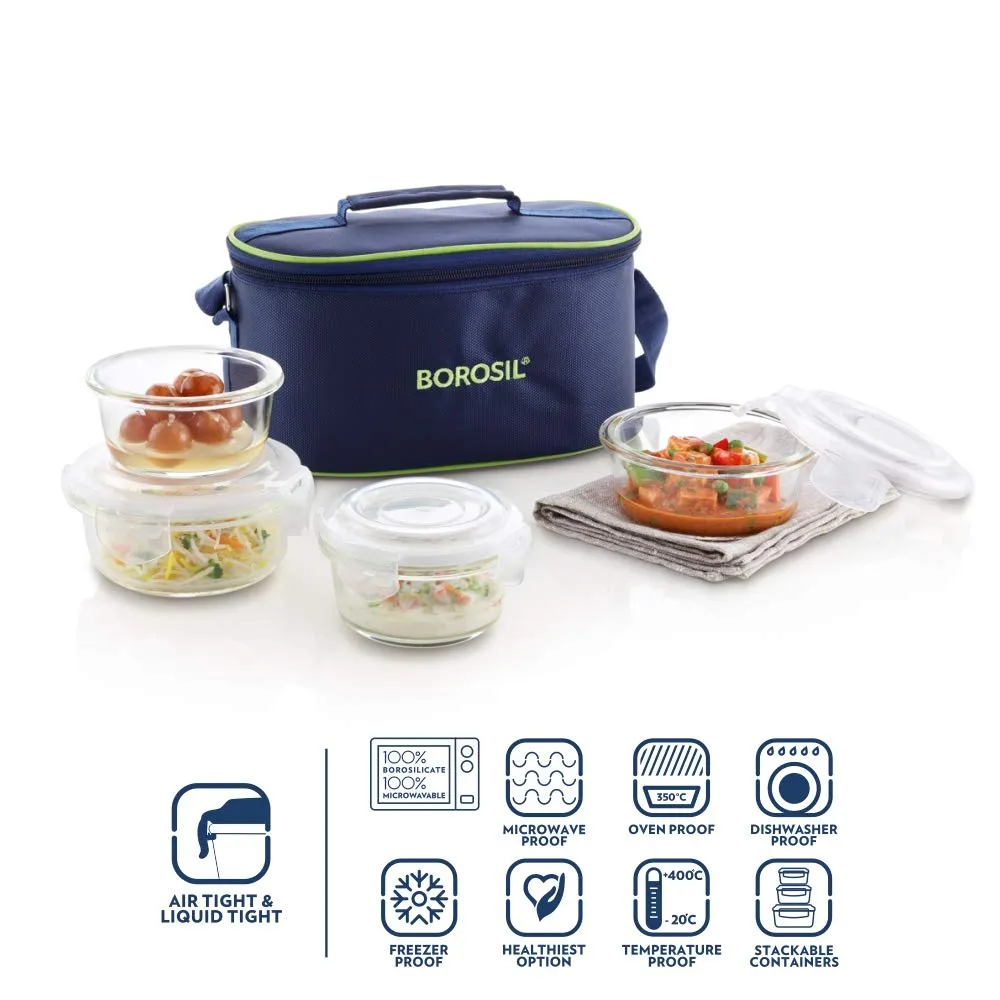 Borosil Klip-N-Store Glass Fusion Lunch Box Set, 4-Pieces, Blue