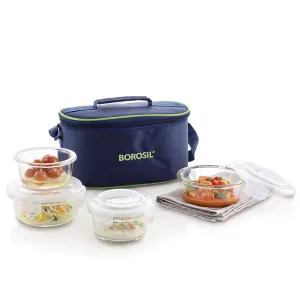Borosil Klip-N-Store Glass Fusion Lunch Box Set, 4-Pieces, Blue