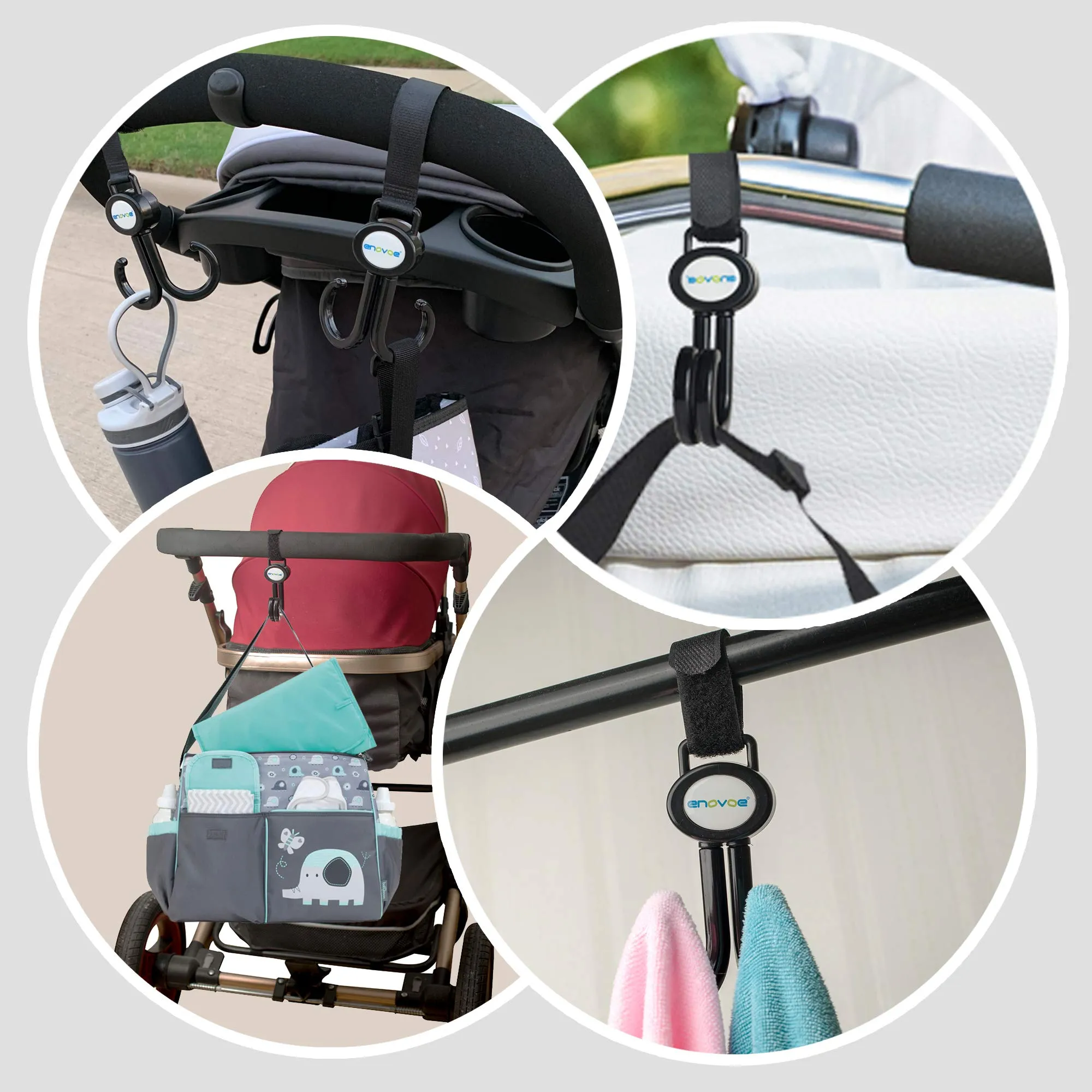 Enovoe Stroller Hooks - 2 Pack - Durable and Convenient 360 Swivel Stroller Clips