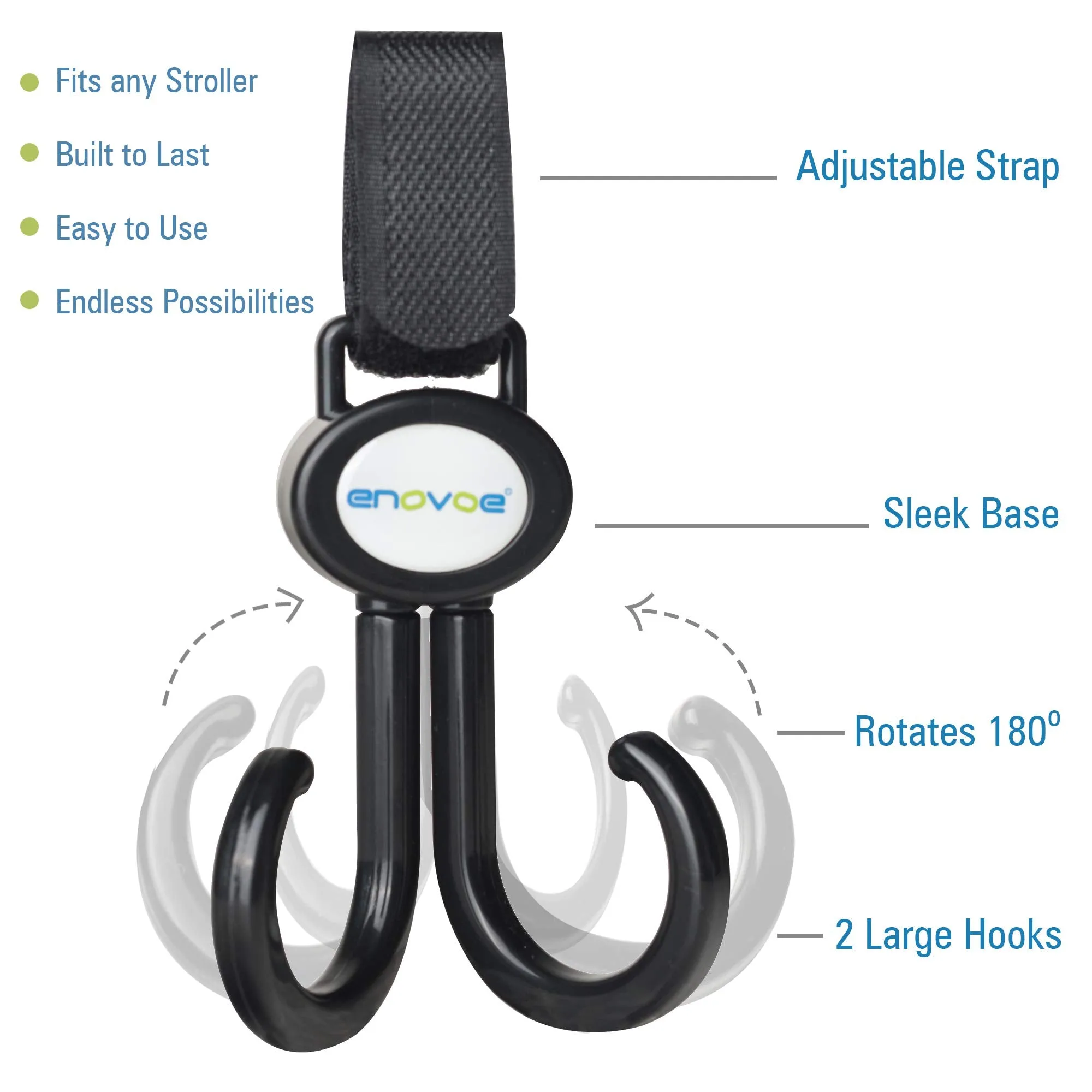 Enovoe Stroller Hooks - 2 Pack - Durable and Convenient 360 Swivel Stroller Clips