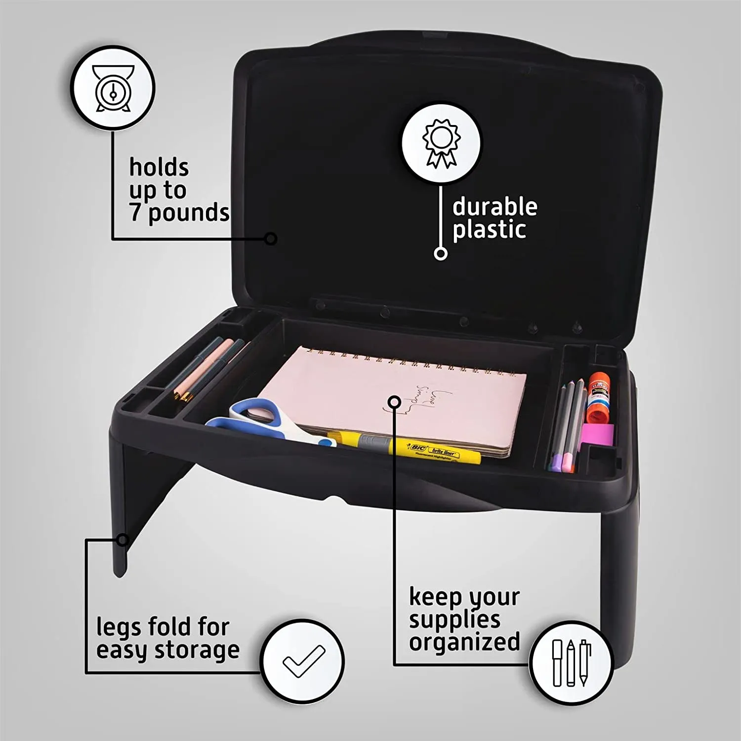 Folding Lap Desk, Laptop Desk, Breakfast Table, Bed Table, Serving Tray - The lapdesk Contains Extra Storage Space and dividers & Folds Very Easy, Great for Kids, Adults, Boys, Girls, (New Black)