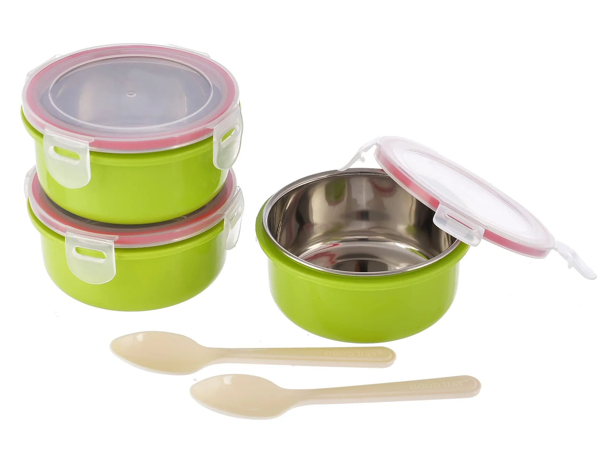 Heart Home Inner Steel 3 Container & 2 Plastic Spoon Lunch Box Set with Lock Lid & Bag Cover (Green)-HS42HEARTH25121