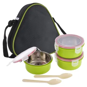 Heart Home Inner Steel 3 Container & 2 Plastic Spoon Lunch Box Set with Lock Lid & Bag Cover (Green)-HS42HEARTH25121
