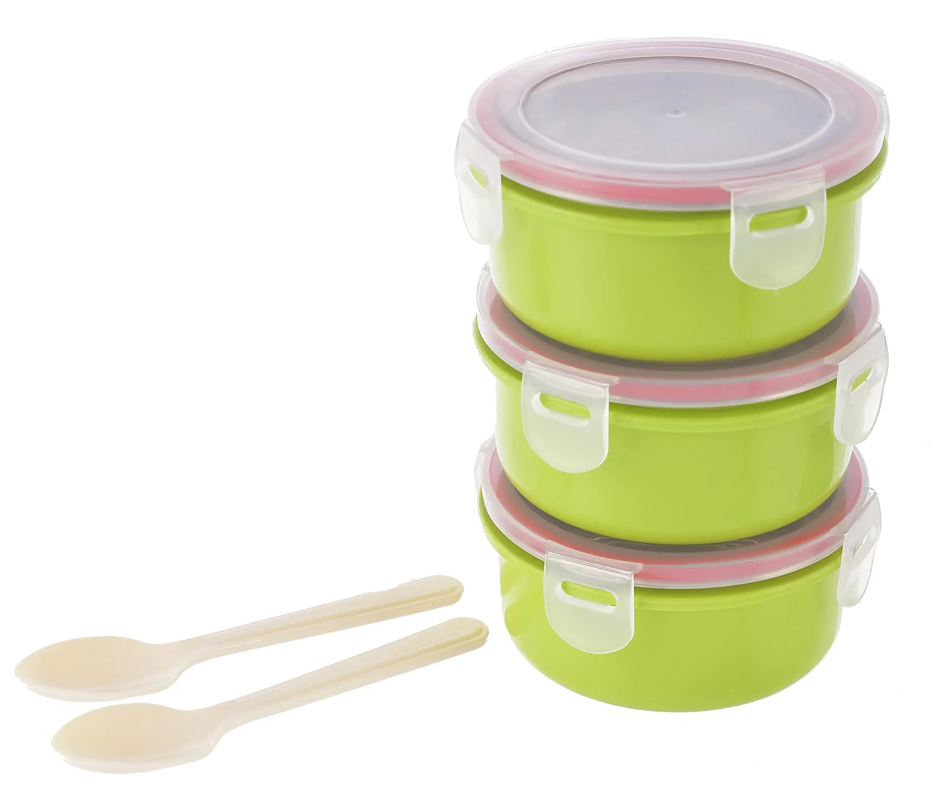Heart Home Inner Steel 3 Container & 2 Plastic Spoon Lunch Box Set with Lock Lid & Bag Cover (Green)-HS42HEARTH25121