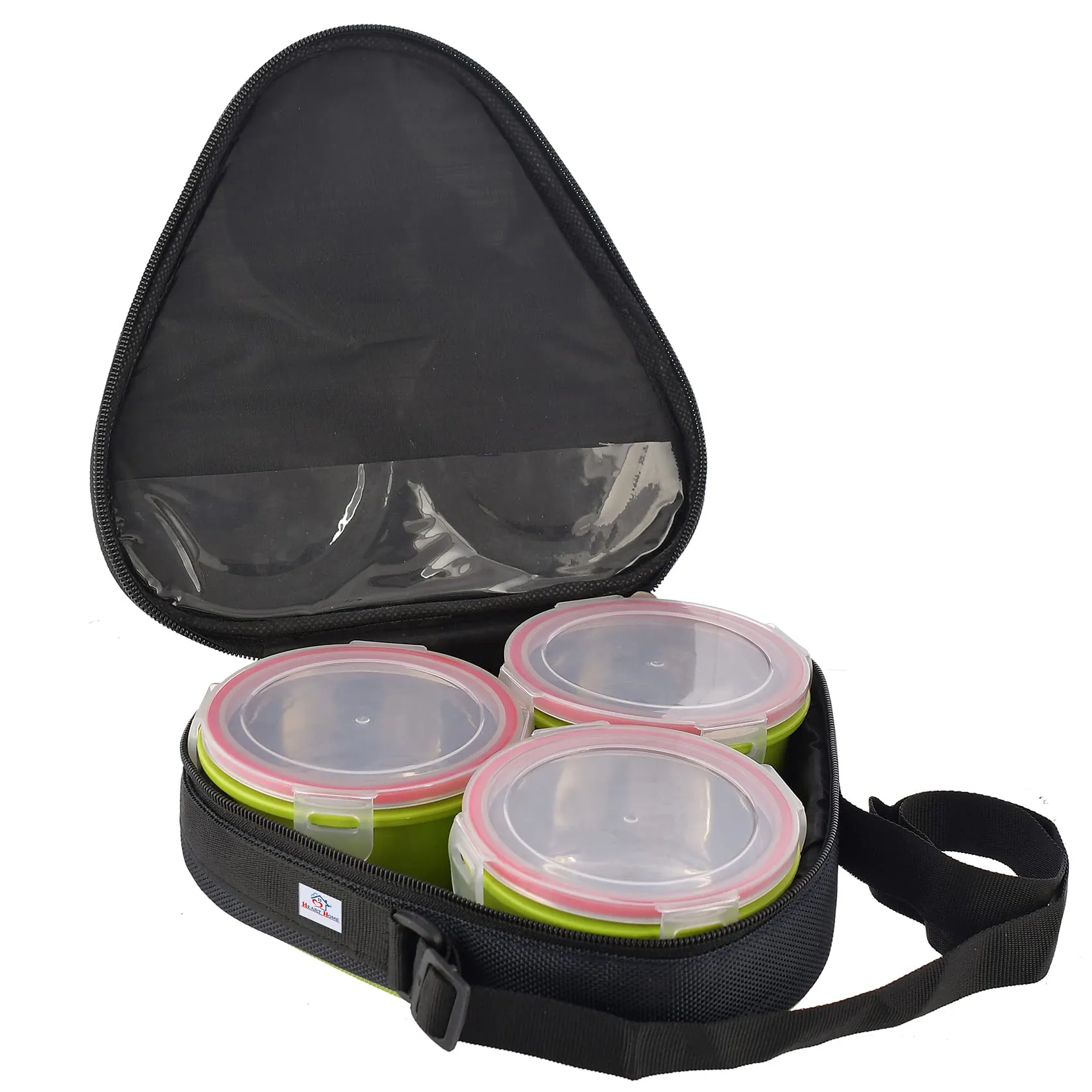 Heart Home Inner Steel 3 Container & 2 Plastic Spoon Lunch Box Set with Lock Lid & Bag Cover (Green)-HS42HEARTH25121