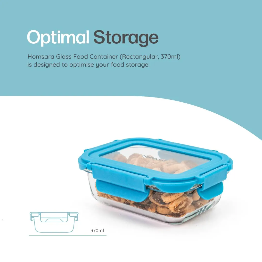 Homsara Glass Rectangular Food Container | Lunch & Storage Box for School, Office | Air Tight, Leak Proof, Easy to carry, Durable, Food-Grade, Microwave & Refrigerator Safe | 370ml