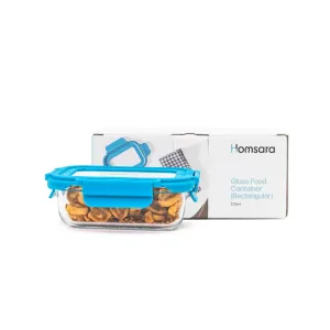 Homsara Glass Rectangular Food Container | Lunch & Storage Box for School, Office | Air Tight, Leak Proof, Easy to carry, Durable, Food-Grade, Microwave & Refrigerator Safe | 370ml