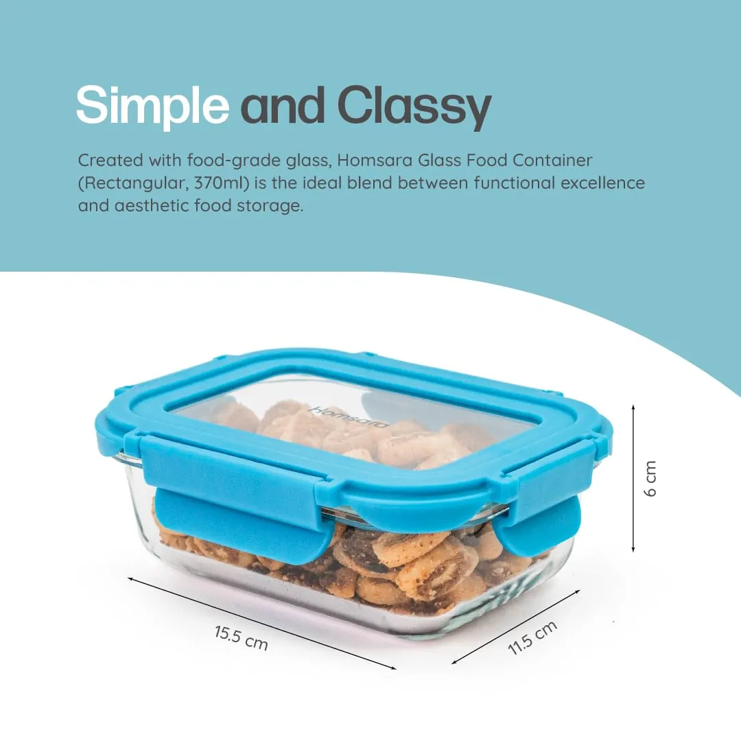 Homsara Glass Rectangular Food Container | Lunch & Storage Box for School, Office | Air Tight, Leak Proof, Easy to carry, Durable, Food-Grade, Microwave & Refrigerator Safe | 370ml