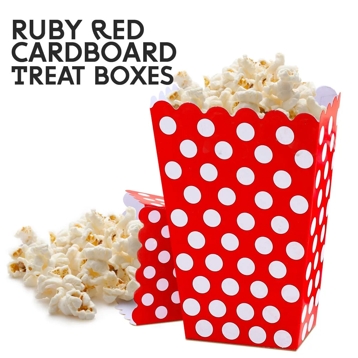 Kicko Ruby Red Popcorn Boxes with White Polka Dots - 16 Pack, 5.5 Inches, Cardboard Treat