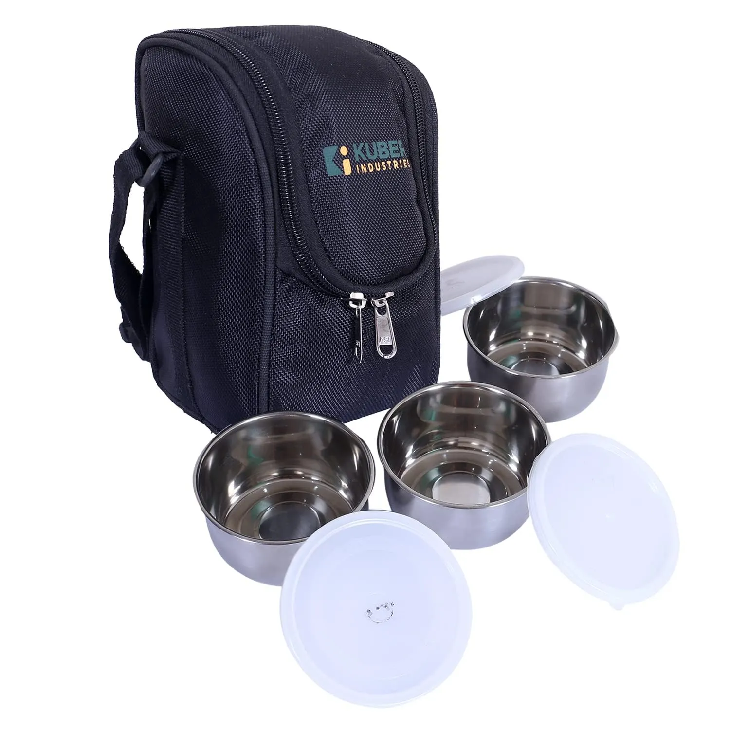 Kuber Industries Lunch Box|Canvas Leak Proof 3 Stainless Steel Insulated Containers Lunch Bag|Adjustable Straps Tiffin Box with Zipper Closure (Black) (Pack of 5)