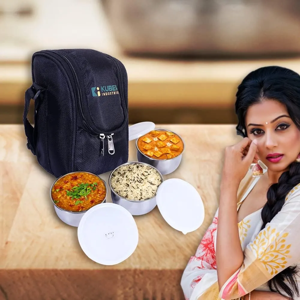 Kuber Industries Lunch Box|Canvas Leak Proof 3 Stainless Steel Insulated Containers Lunch Bag|Adjustable Straps Tiffin Box with Zipper Closure (Black) (Pack of 5)
