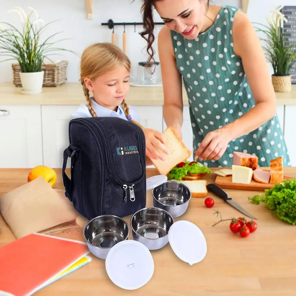 Kuber Industries Lunch Box|Canvas Leak Proof 3 Stainless Steel Insulated Containers Lunch Bag|Adjustable Straps Tiffin Box with Zipper Closure (Black) (Pack of 5)