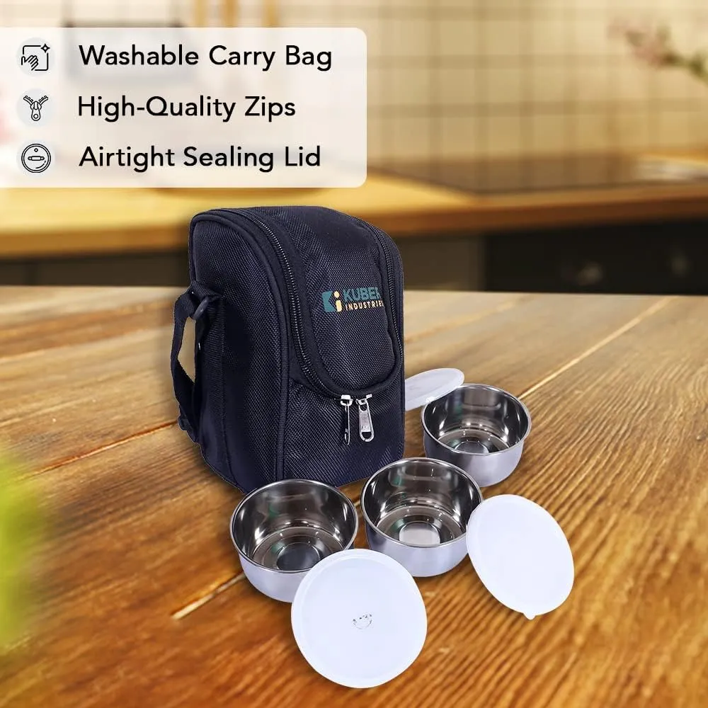 Kuber Industries Lunch Box|Canvas Leak Proof 3 Stainless Steel Insulated Containers Lunch Bag|Adjustable Straps Tiffin Box with Zipper Closure (Black) (Pack of 5)