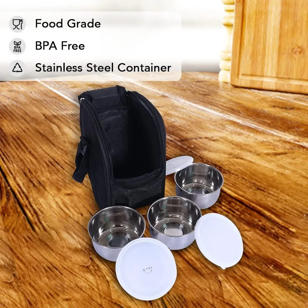 Kuber Industries Lunch Box|Canvas Leak Proof 3 Stainless Steel Insulated Containers Lunch Bag|Adjustable Straps Tiffin Box with Zipper Closure (Black) (Pack of 5)