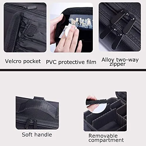 LACOPINE Travel Professional Makeup Case Organizer Bag for Women | Portable Artist Storage Makeup Brush Bag with Adjustable Dividers (Black, 18 INCH (2 Layer))