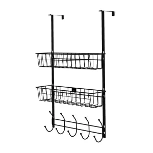 Over The Door Hooks Organizer Door Towel Rack Hanger 5 Hooks with 2 Metal Baskets for Bathroom Bedroom Kitchen Storage Shelf