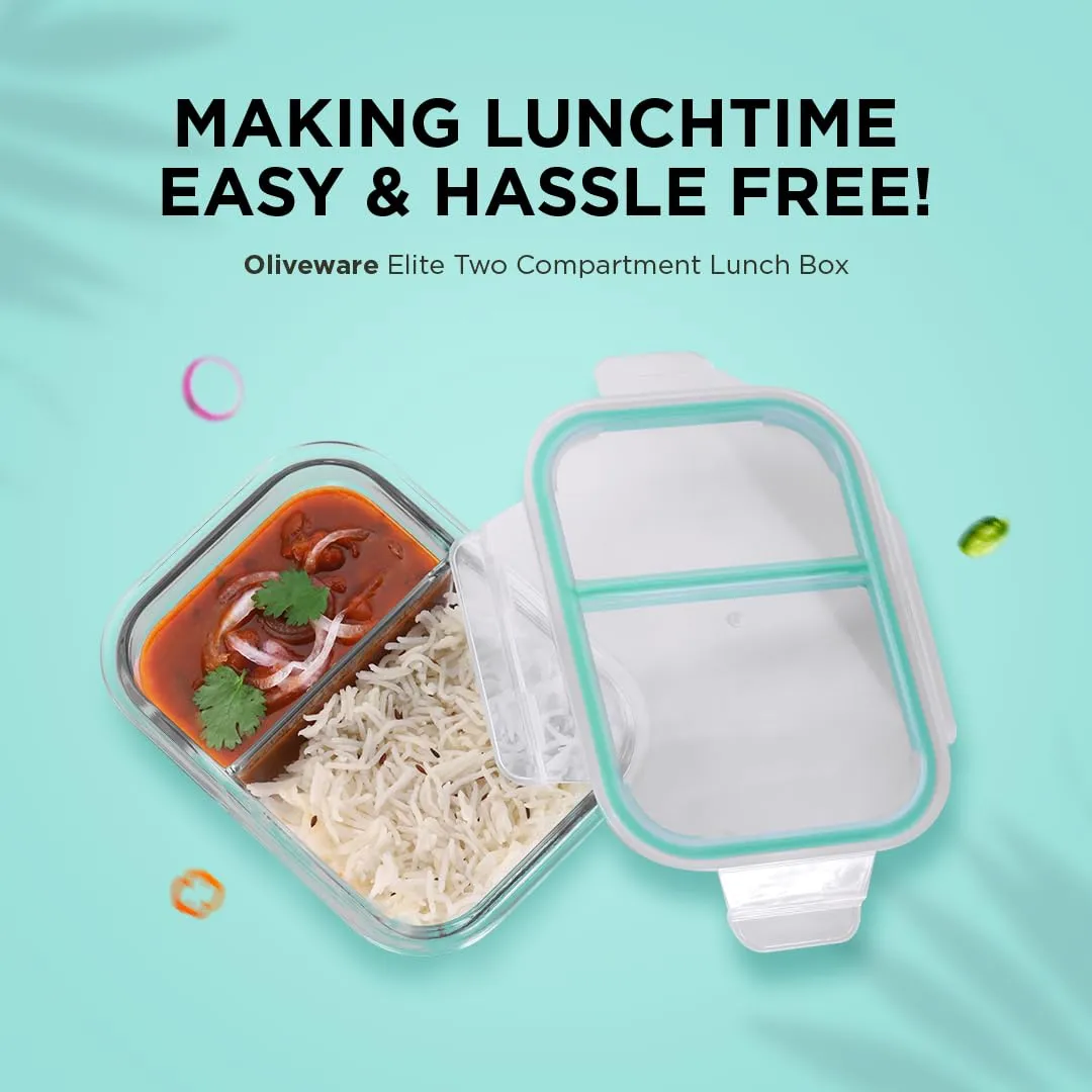 SOPL-OLIVEWARE Elite Natural Glassware Lunch Box Microwave safe 2 comartment !Borosilicate Glass!Safety Lock Airtight Tiffin Containers (600 ml)| Transparent