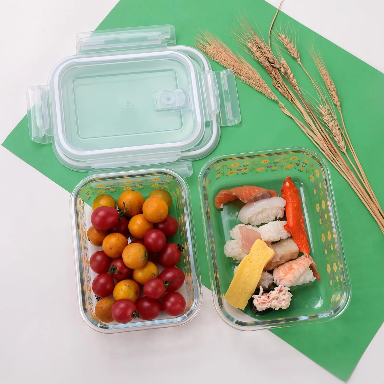 The Better Home Borosilicate Glass Lunch Box Set of 2 | Tiffin Box for Office for Men Women |Lunch Box for Women School Kids |Microwave Safe Leak Proof Airtight Lunch Boxes (1040ml & 1430ml, Printed)