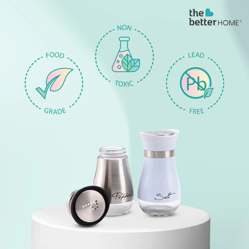 The Better Home Glass Salt & Pepper Shakers Set (Silver/White - Pack of 2) | Moisture-Proof Seasoning Shaker Set | Salt & Pepper Containers | Salt & Pepper Container Set for Dining Table