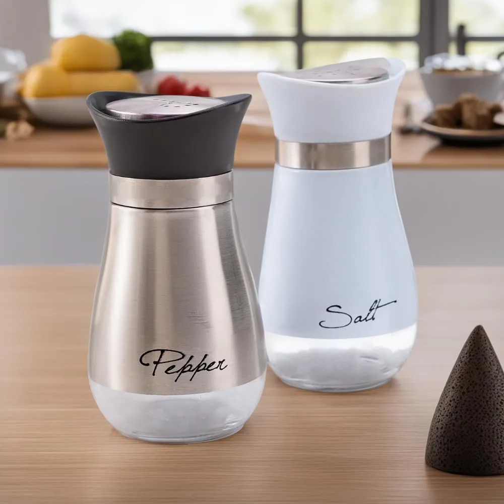 The Better Home Glass Salt & Pepper Shakers Set (Silver/White - Pack of 2) | Moisture-Proof Seasoning Shaker Set | Salt & Pepper Containers | Salt & Pepper Container Set for Dining Table