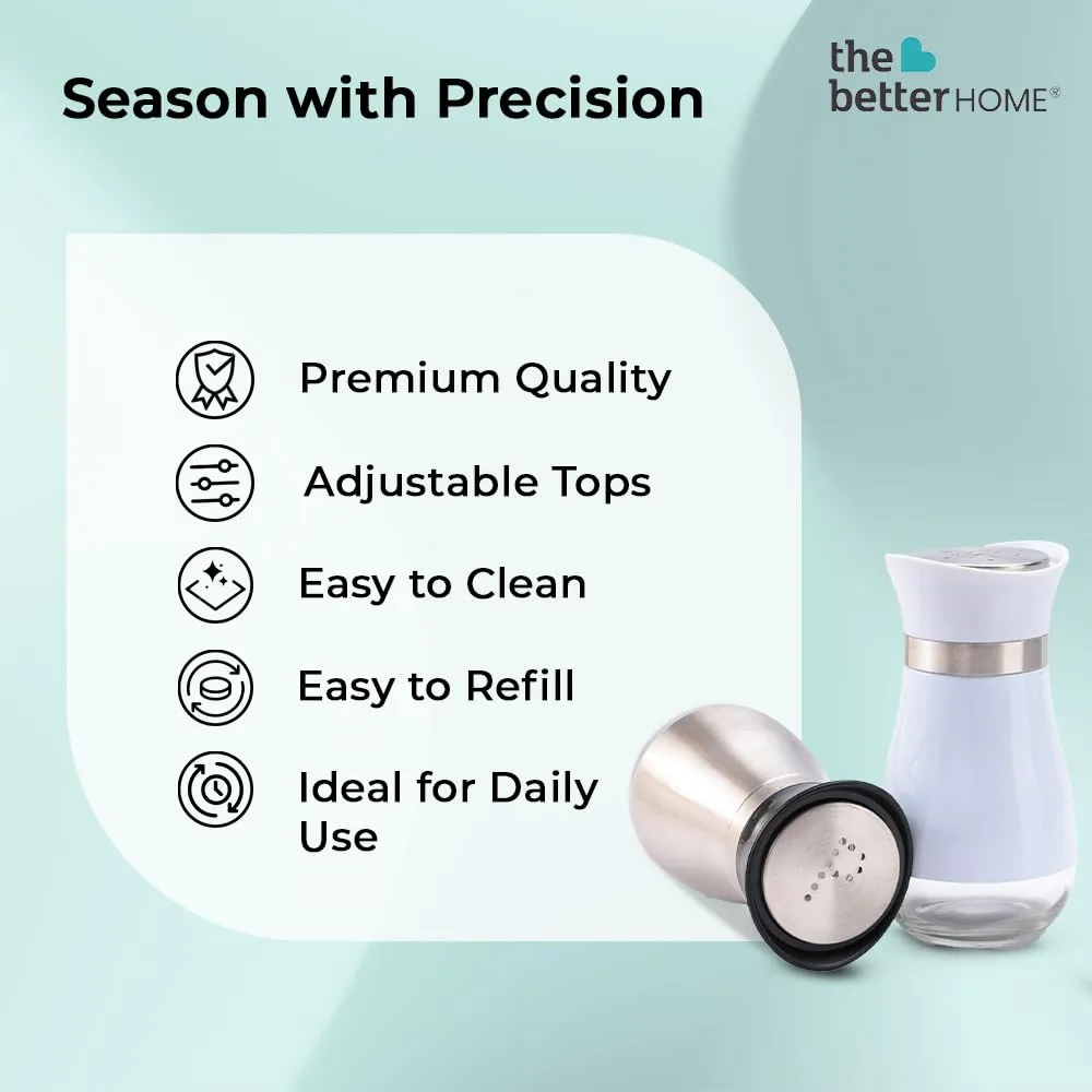 The Better Home Glass Salt & Pepper Shakers Set (Silver/White - Pack of 2) | Moisture-Proof Seasoning Shaker Set | Salt & Pepper Containers | Salt & Pepper Container Set for Dining Table