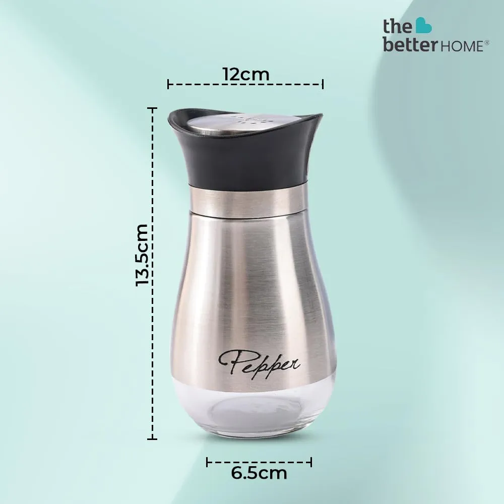 The Better Home Glass Salt & Pepper Shakers Set (Silver/White - Pack of 2) | Moisture-Proof Seasoning Shaker Set | Salt & Pepper Containers | Salt & Pepper Container Set for Dining Table