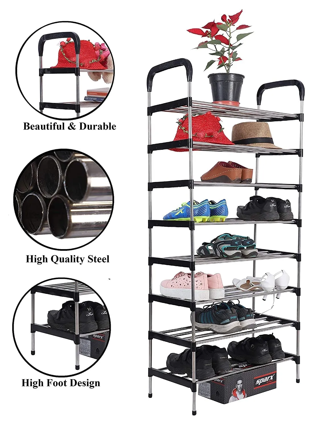 Three Secondz Steel Book Shelf for Study Room Office Racks and Shelves of Steel Rack Plastic Shoe Racks for Home Iron Shoe Racks Metal (8 Shelve, Black)