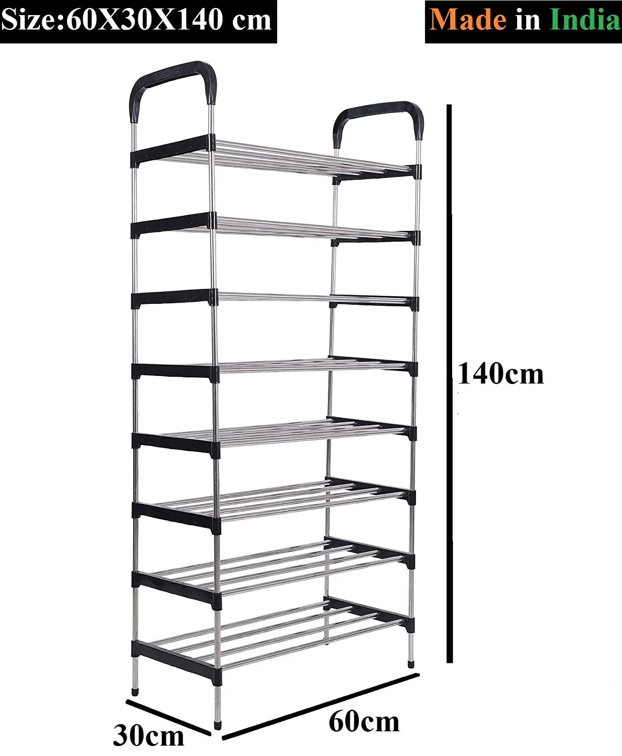 Three Secondz Steel Book Shelf for Study Room Office Racks and Shelves of Steel Rack Plastic Shoe Racks for Home Iron Shoe Racks Metal (8 Shelve, Black)