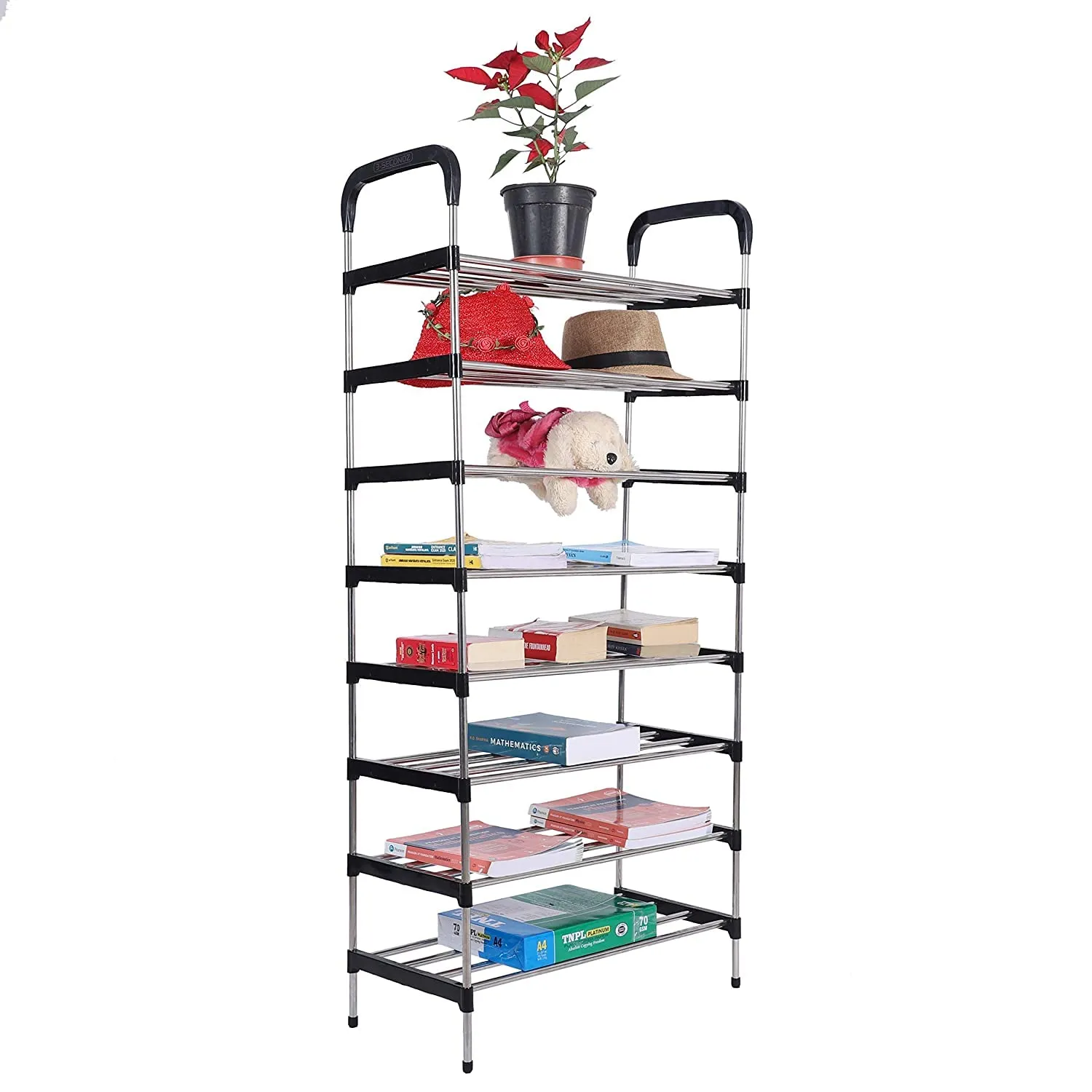 Three Secondz Steel Book Shelf for Study Room Office Racks and Shelves of Steel Rack Plastic Shoe Racks for Home Iron Shoe Racks Metal (8 Shelve, Black)