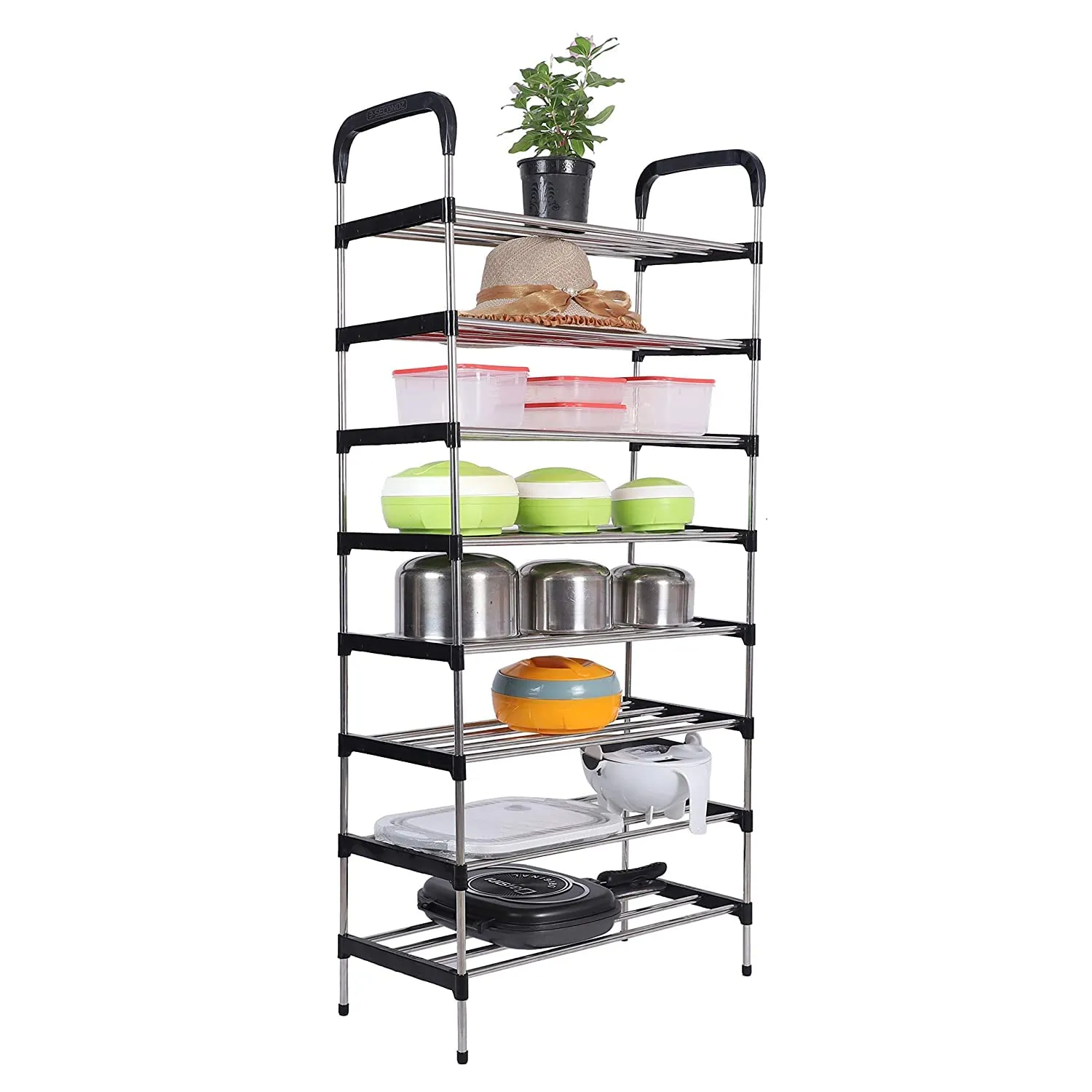 Three Secondz Steel Book Shelf for Study Room Office Racks and Shelves of Steel Rack Plastic Shoe Racks for Home Iron Shoe Racks Metal (8 Shelve, Black)