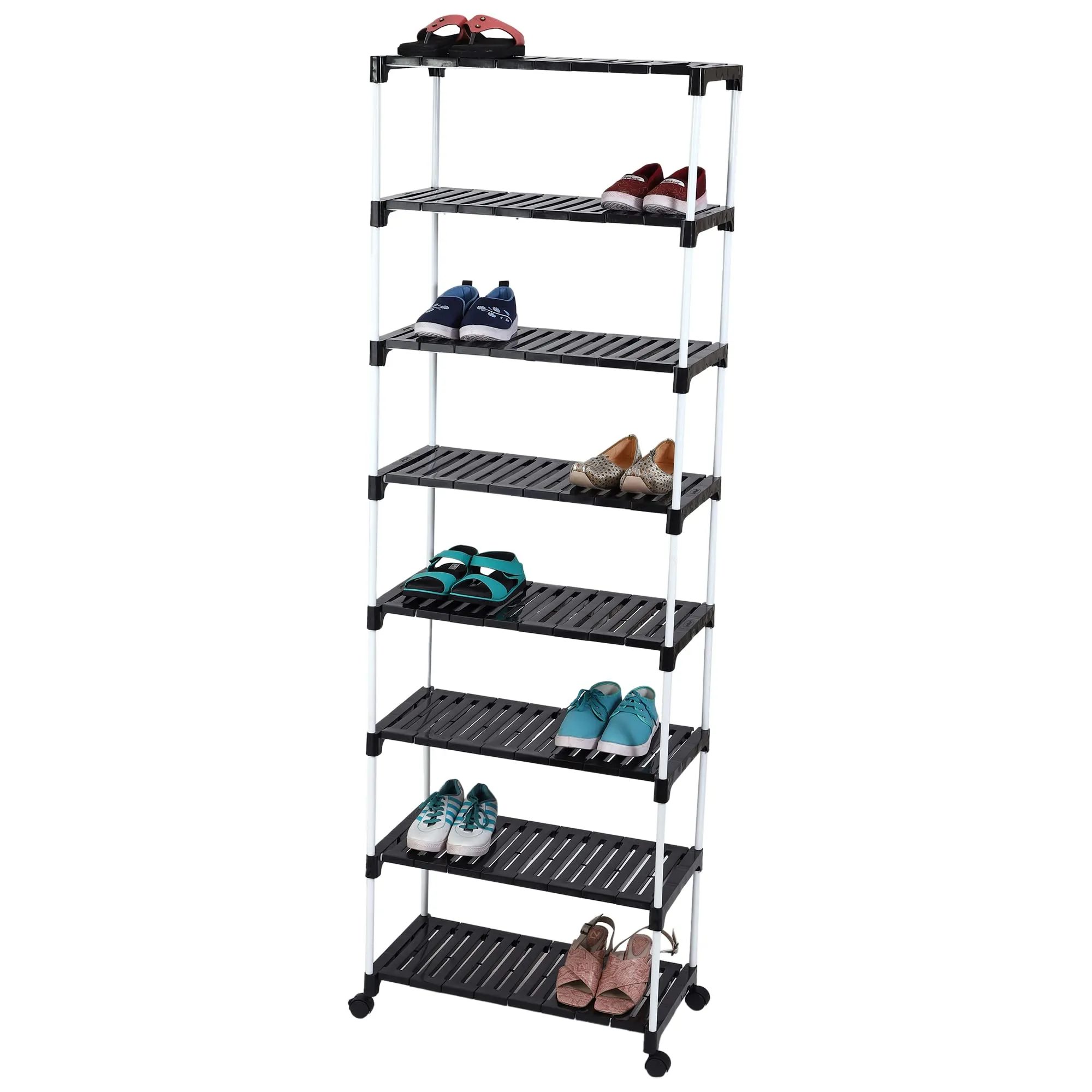 YMRR® 8 Tier Shoe Storage Racks with Wheels Space Saving Metal & Strong Plastic Shoe Shelves Organizer for Home, Hallway, Bedroom & Entryway, (8 Steps Rack)