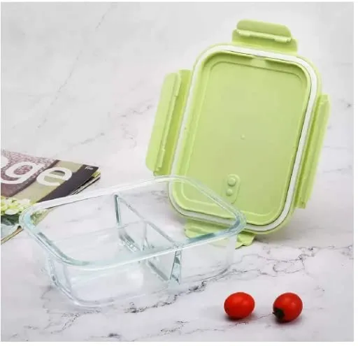ZOKIXTO Lunch Boxes for Adults - 1100 ML Glass Lunch Box for Kids Children's with Spoon & Fork, BPA-Free and Food-Safe Materials (3 Compartment Square Design, Glass, Multicolor)