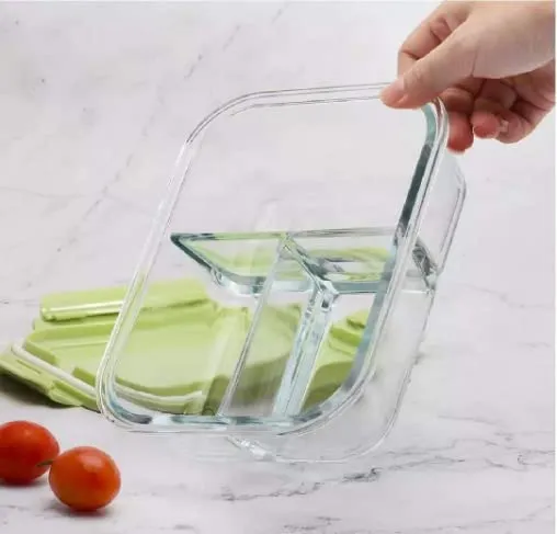 ZOKIXTO Lunch Boxes for Adults - 1100 ML Glass Lunch Box for Kids Children's with Spoon & Fork, BPA-Free and Food-Safe Materials (3 Compartment Square Design, Glass, Multicolor)